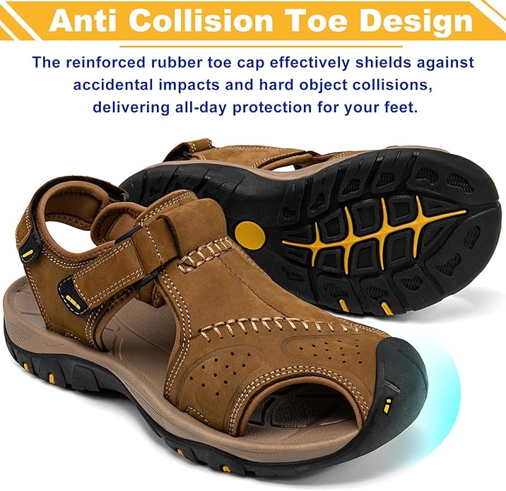 Men's Sport Sandals Closed Toe Leather Hiking Athletic Walking Outdoor Beach Trail River Fishing Water Shoes Lightweight Comfortable Waterproof