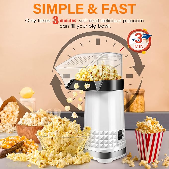 Fast Hot Air Popcorn Popper Maker with Measuring Cup, No Oil, Electric Popcorn Machine with On/Off Switch for Family Movie Nights, Parties, Popcorm Poppers for Home-Diy, 4.5 Quarts, Etl Certified