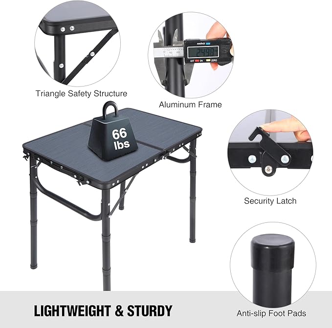 RedSwing Small Folding Table Adjustable Height, Lightweight and Portable Aluminum Frame Camping Table for Outdoor Indoor Picnic, 2 Feet, Grey