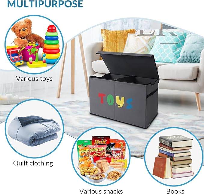 Toy Box Chest, Collapsible Sturdy Storage Bins with Lids, Extra Large Kids Toy Storage Organizer Boxes Bins Baskets for Kids, Boys, Girls, Nursery Room, Playroom, Closet (A-TBX-GRAY-MULTI)