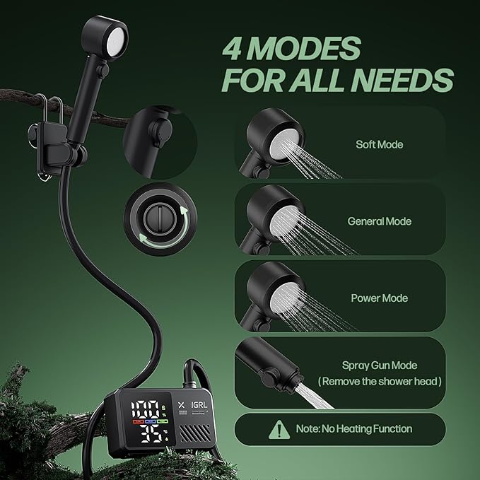 Portable Shower for Camping, Powerful 10L/Min Water Flow, Rechargeable Shower Pump with Bath Sponge, 4 Spray Modes, IPX8 Waterproof, 7800mAh Battery, Ideal for Hiking, Travel, Car Wash, Pet