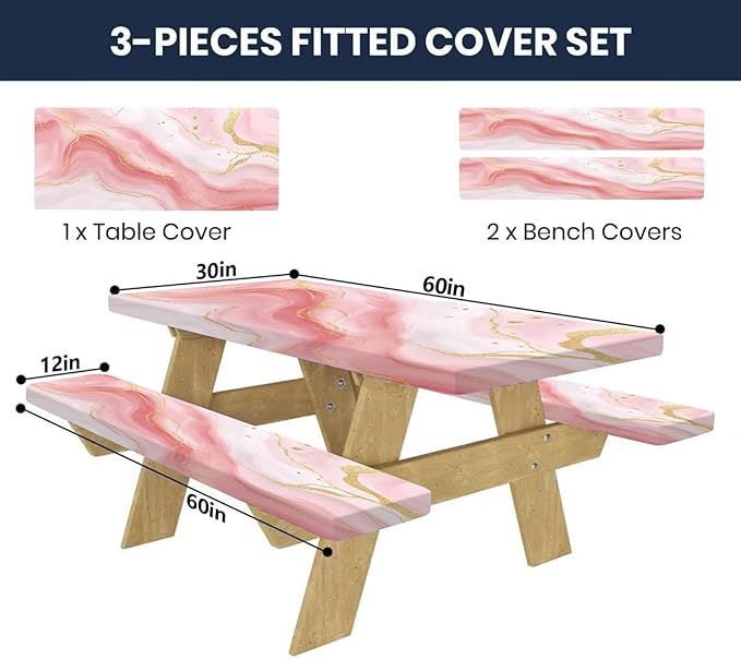 CAPSCEOLL Elastic Picnic Table Cover with Bench Covers 5Ft Waterproof Fitted Picnic Table Cover Cloths for Outdoors Camping Tablecloth with Drawstring Bag, 60X30in, Pink Marble