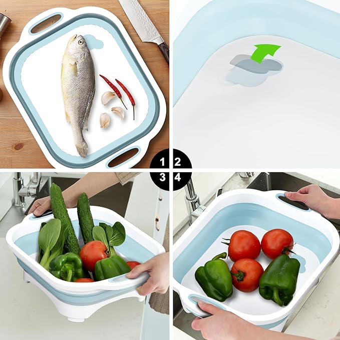 Collapsible Cutting Board,HI NINGER Camping cutting board with knife,Multifunctional Kitchen Vegetable Washing Basket Silicone Dish Tub for Camping Kitchen essentials/bbq prep tub/rv accessories