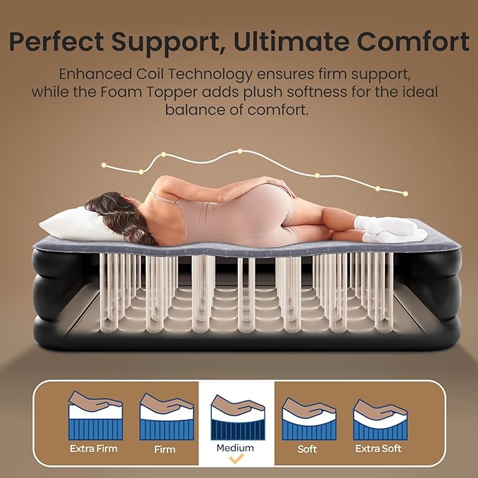 OhGeni 18" Luxury Full Air Mattress with Built-in Pump, Inflatable Bed with Silk Foam Topper for Superior Comfort, Premium Blow-Up Mattress for Home, Camping & Guests, Easy Setup, Extra Support, Black