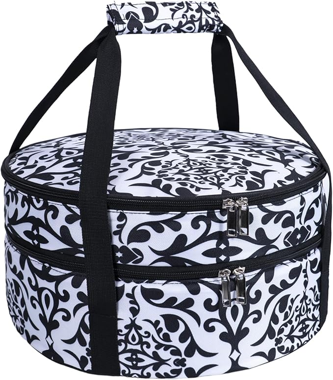 Round Insulated Pie Carrier – Double Decker Thermal Portable Lunch Transport Cake Dish Container Bag Keep Food Hot/Cold/Fresh for Potlucks Parties Gathering/Cookouts/Church Dinner/Outdoor Events-Black