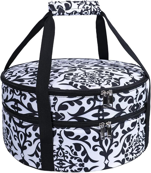 Round Insulated Pie Carrier – Double Decker Thermal Portable Lunch Transport Cake Dish Container Bag Keep Food Hot/Cold/Fresh for Potlucks Parties Gathering/Cookouts/Church Dinner/Outdoor Events-Black