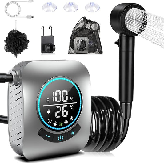 Portable Shower for Camping, [Upgraded] Spopal 8000mAh Rechargeable Camping Shower with 5 Adjustable Speeds, 4 Spray Modes, LED Display, IPX8 Waterproof Outdoor Shower Kit for Hiking, Travel, Car, Pet