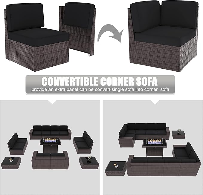 LayinSun 13 Pieces Outdoor Patio Furniture Set with 44" Fire Pit Table Brown Rattan Sectional Sofa Conversation Sets