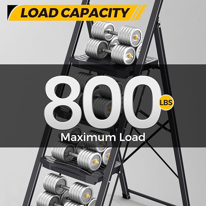 KINGRACK 4 Step Ladder 800lb Capacity, Folding Step Stool with Wide Anti-Slip Pedal & Safety Handrails, Lightweight Steel Ladder for Kitchen, Pantry, Office, Black