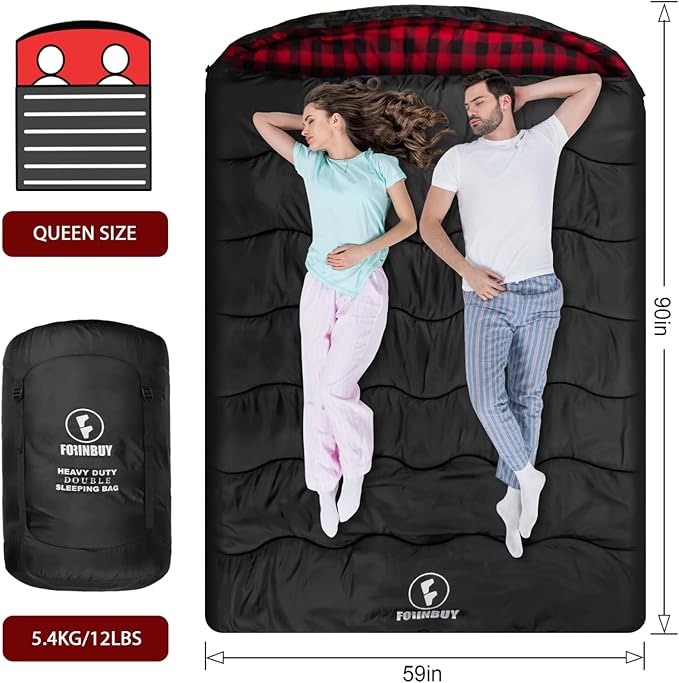 0 Degree Flannel Double Sleeping Bag for Adults, Couples or Family - Winter Queen Size Waterproof & Warm 2-Person Sleeping Bag for Cold Weather Camping, RV Travel
