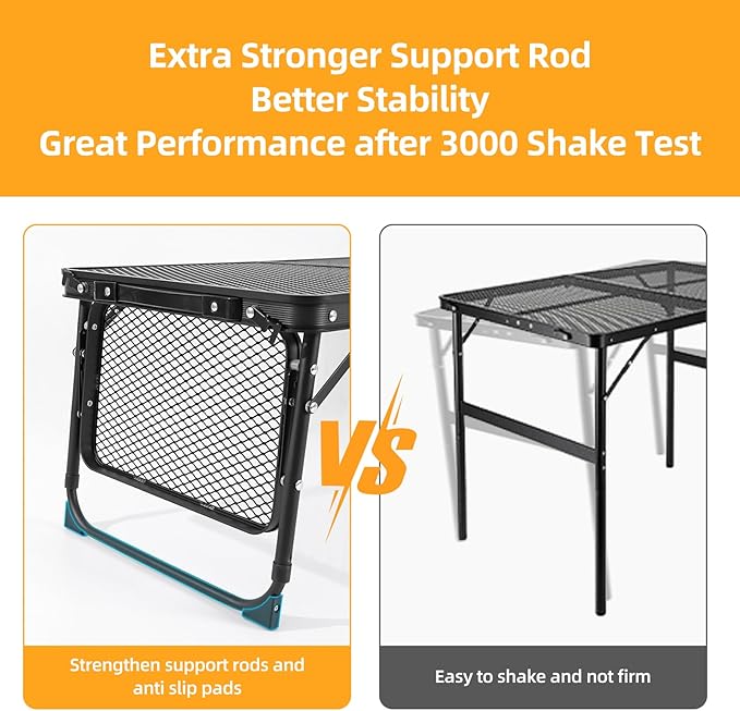 Camping Table Grill Table with Table Extension Board Adjustable Height Folding Tables Mesh Top Portable Grill for Outdoor Indoor Beach BBQ Picnic Travel RV Black