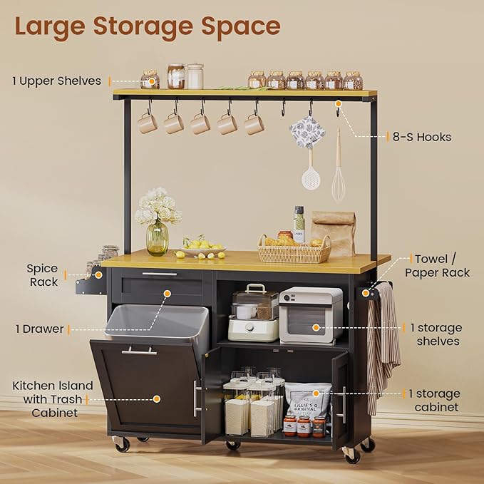 Itaar Rolling Kitchen Island Table on Wheels with Drop Leaf, 40" Mobile Kitchen Carts with Trash can Storage, Storage Cabinet, Drawer, Spice/Towel Rack, Black