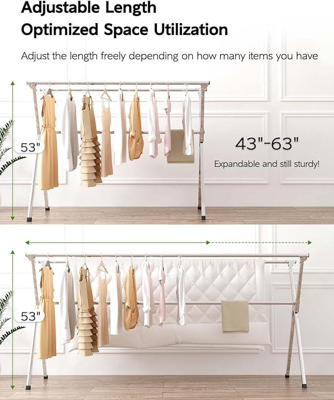 Clothes Drying Rack 63 Inches Folding Indoor Outdoor, Drying Rack Clothing Collapsible, Foldable Portable Laundry Drying Rack, Heavy Duty Laundry Hanger Dryer Rack, with 20 Hooks 12 Clips