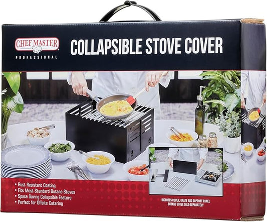 Butane Stove Cover, Universal Fit for Any Standard Size Camping Stoves, Premium Black Steel Collapsible Wind Guard for Easy Storage, Stove Wind Covers for Portable Cooking Stoves by Chef Master 90278