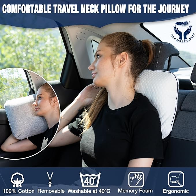 Memory Foam Pillow for Travel and Camping with Extra Cotton Cover – Easy to Carry Portable Bag (White)