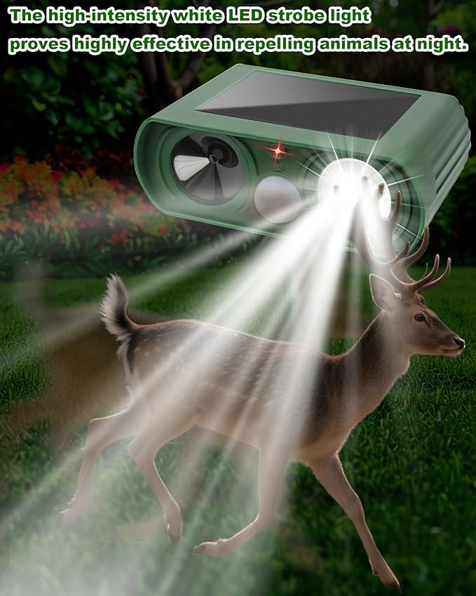 2PCS Solar Ultrasonic Animal Repellent Outdoor- Ultrasonic& Strobe Light Deer Repellent Devices for Deer/Cat/Squirrel/Raccoon/Rabbit/Bird/Owl/Dog - PIR Motion Detection, Yard Garden Protection