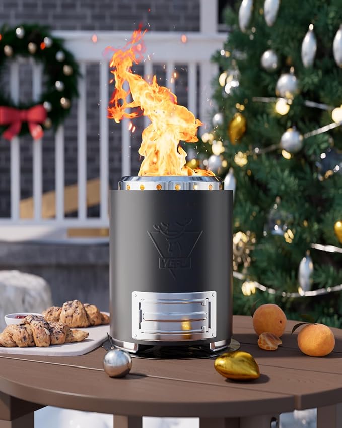 YEFU Tabletop Fire Pit 9.7 x 7.1 in, Flame Intensity Control Camping Stove for Outdoor & Patio, Fueled by Pellets or Wood, Safe Burning Table Top Firepit, with Travel Bag & 2 Mini Sticks, Black