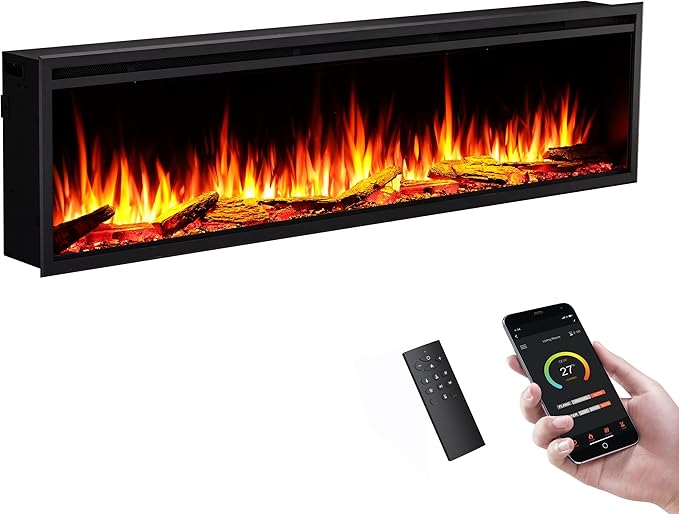 LegendFlame 72" W Smart Wall Mount & in Wall Recessed Electric Fireplace Insert, Heater 750W/1500W, Multi Colors of Flame & Fuel Bed, Alexa/Google Assistant Enabled