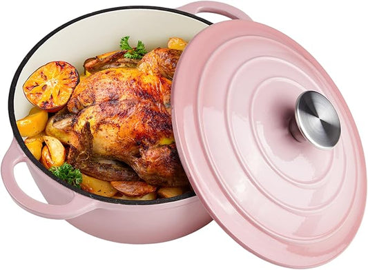 6 Quart Dutch Oven Enameled Cast Iron with Lid - Big Dual Handles - Oven Safe up to 500°F - Classic Round Pot for Versatile Cooking (Pink, 6 QT)