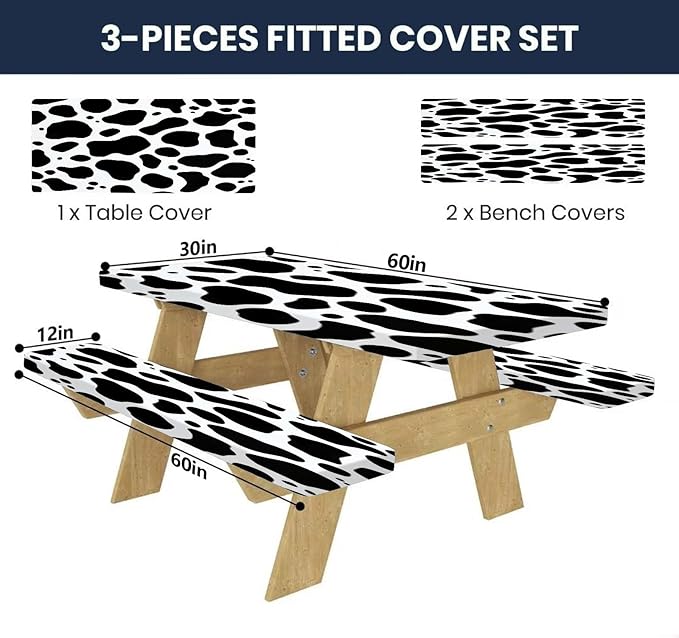 CAPSCEOLL Elastic Picnic Table Cover with Bench Covers 5Ft Waterproof Fitted Picnic Table Cover Cloths for Outdoors Camping Tablecloth with Drawstring Bag, 60X30in, Black White