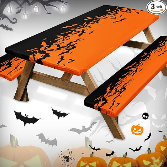 Picnic Table Cover with Bench Covers Elastic Edges, Horror Halloween Fitted Table Cover, Outdoor Camping Essentials 72 Inch 3PCS, Waterproof Camping Fitted Tablecloth with Drawstring Bag