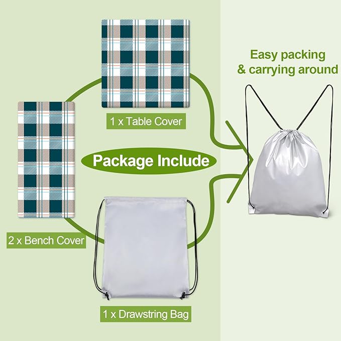 Picnic Table Cover with Bench Covers Camping Essentials Waterproof Windproof Camping Tablecloth with Drawstring Bag, Fitted Rectangle Tables and Seats, 72in, Green Checkered
