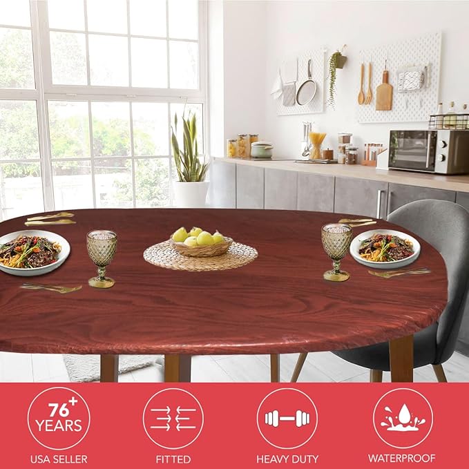 LAMINET Woodgrain Elastic Table Cover, Oblong, Mahogany Wood