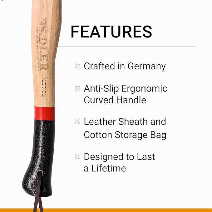The Rheinland, 14", German Forged, All-Purpose Wilderness Camping Hatchet, Kindling Splitting & Branch Limbing, Anti-Slip Wood Handle (Red Stripe)