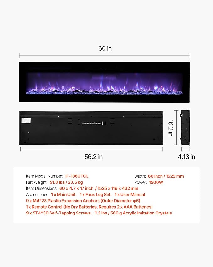 VEVOR 60 inch Electric Fireplace, Wall Mounted Recessed Fire Place with Remote Control, Timer, 1500W, Adjustable Flame Color Brightness, Touch Screen, Overheat Protection, for Living Room,Bedroom