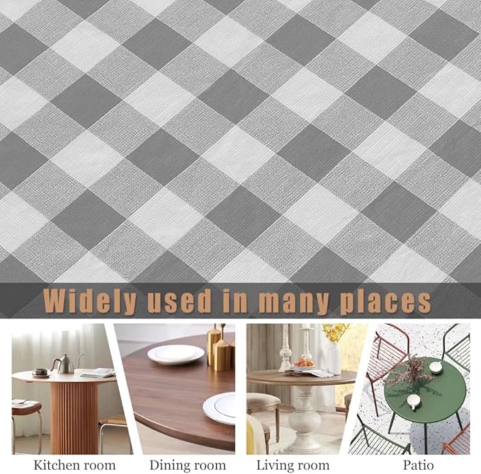 Fitable Round Vinyl Fitted Table Cover - Waterproof Checkered Elastic Edged Tablecloth Flannel Backed Wipeable Table Cloth for Spring/Summer Picnic Party, Silver/White (Fit for 45"-56" Round Tables)