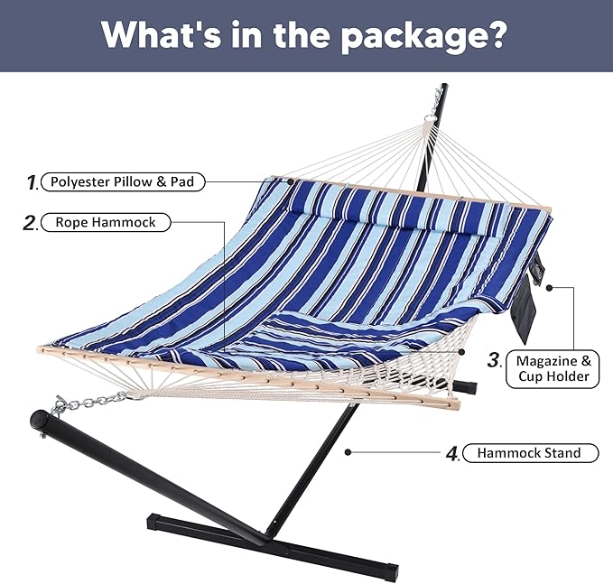 SUNCREAT Double Hammock with Stand, Two Person Cotton Rope Hammock, Blue Stripe