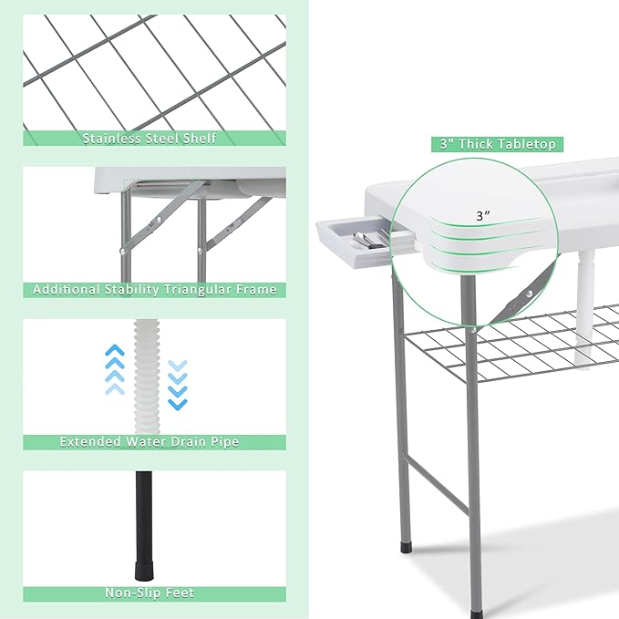 AHB 42'' Outdoor Fish Cleaning Table Portable Camping Sink Station with Double Sinks, Collapsible Swivel Faucet, Picnic Sink Table with 6pc Fish Cleaning Kit for Picnic Beach Patio