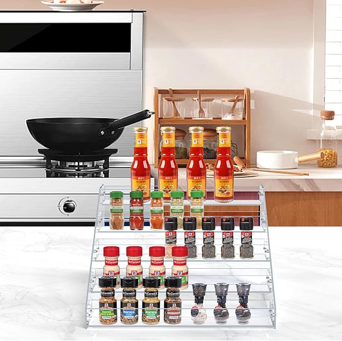 PMMASTO Tiered Spice Rack, Seasoning Organizer, Clear Acrylic Vertical Shelves Can Organizer for Countertop, Cabinet, Pantry, Kitchen Organization and Storage - 5 Tier