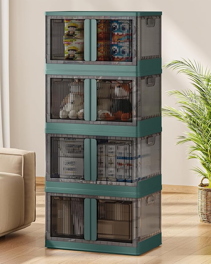 19Gal Collapsible Storage Bins with Lids & Wheels - 4 Pack Stackable with Doors, Heavy-Duty Plastic Containers for Home/Office, Green