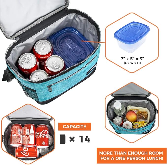 opux Insulated Lunch Box Men Women, Lunch Bag for Work School, Leakproof Soft Cooler Tote Adult, Large Lunch Pail Kids Boys Girls, Picnic Beach Food Bag with Shoulder Strap, Turquoise Blue