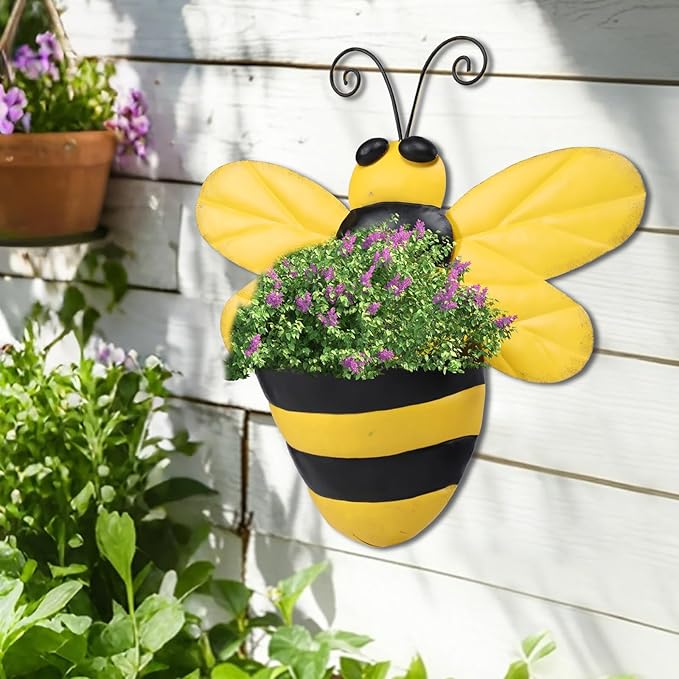 Metal Wall Planter Bee Wall Mounted Planters Small Flower Pot with Drainage for Indoor Outdoor Farmhouse Hanging Planter Succulent Plant Container Vertical Garden Yard Decor