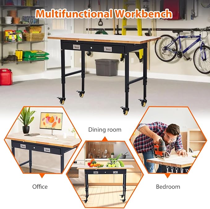 60" Work Bench, Heavy Duty Adjustable Height Table with Power Outlets, Portable Garage & Workshop Work Bench, 2000 LBS Capacity, Office, Home Use, Easy Assembly, Multipurpose Utility Table