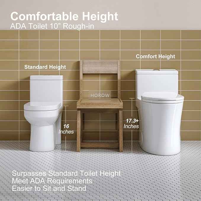 HOROW T0338W One Piece Toilet 10" Rough-in, Elongated Toilet with Comfortable Seat Height, ADA Chair Height 17.3", Dual Flush 0.8/1.28 GPF & MAP 1000g, Standard White Toilet Bowl, Space Saver Design