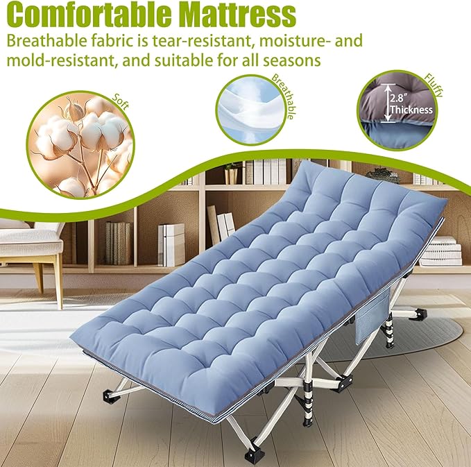XXL Camping Cot Oversize Cots for Adults Extra Large Cots for Sleeping with Mattress Heavy Duty Camping Bed with Carry Bag Folding Cot for Hiking Camping Indoor Office Nap Vacation Easy to Set up