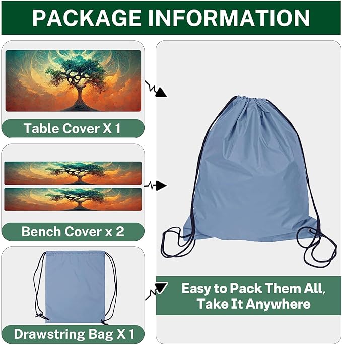 Picnic Table Cover with Bench Covers Elastic Edges, Tree Camper Fitted Table Cover, Outdoor Patio Camping Essentials 72 Inch 3PCS, Waterproof Camping Fitted Tablecloth with Drawstring Bag