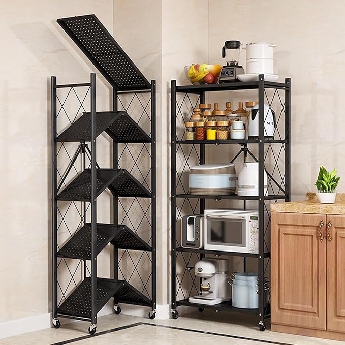 4-Tire Storage Rack, 28*13*34.5in Foldable Metal Garage Storage Shelves Organizer, Portable Metal Kitchen Shelving, Closet Shelving Unit Bakers Rack Microwave Stand, Black(Tiered Shelf-3)