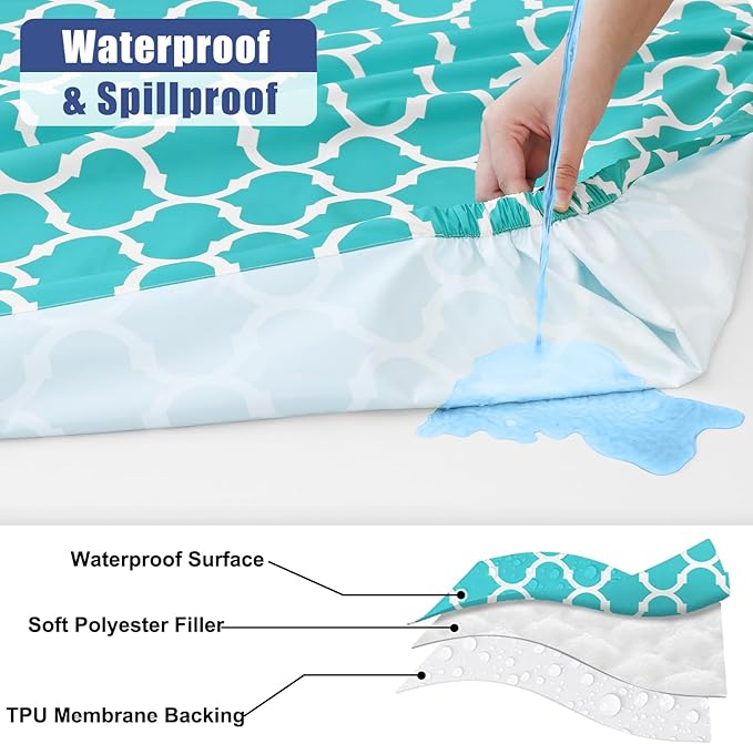 Smiry Picnic Table Cover with Bench Covers, Waterproof Elastic Fitted Tablecloth for 8 Foot Tables, Washable Polyester Tablecloths for Camping, Indoor & Outdoor (Teal Morocco, 30x96 Inch 3-pc Set)