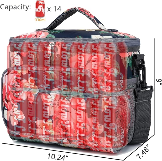 FlowFly Insulated Reusable Lunch Bag Adult Large Lunch Box for Women and Men with Adjustable Shoulder Strap,Front Zipper Pocket and Dual Large Mesh Side Pockets,Peony