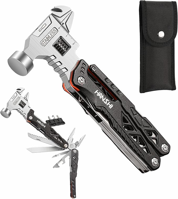 HANSHI Upgraded Adjustable Wrench Multitool Hammer with YG10 Tungsten Steel Replaceable Wire Cutters for Men,18 in 1 Pocket Multi Tool Knife with Spring-Action Pliers for Camping,Survival (Black)
