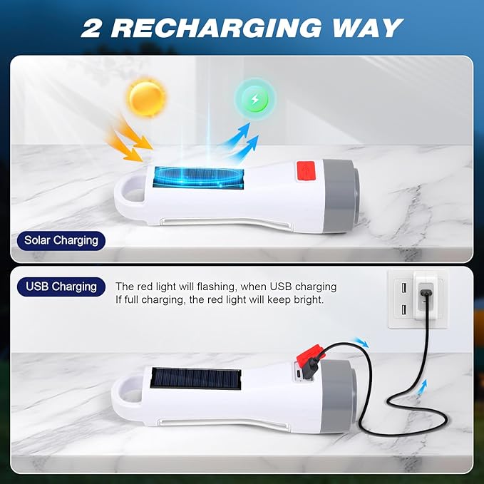 2 Pack Solar LED Flashlight for Power Outages, Rechargeable Camping Flashlights with High Lumens, 5 Modes, Powerful and Bright Tactical Flash Light for Emergency, Outdoor, Home Use