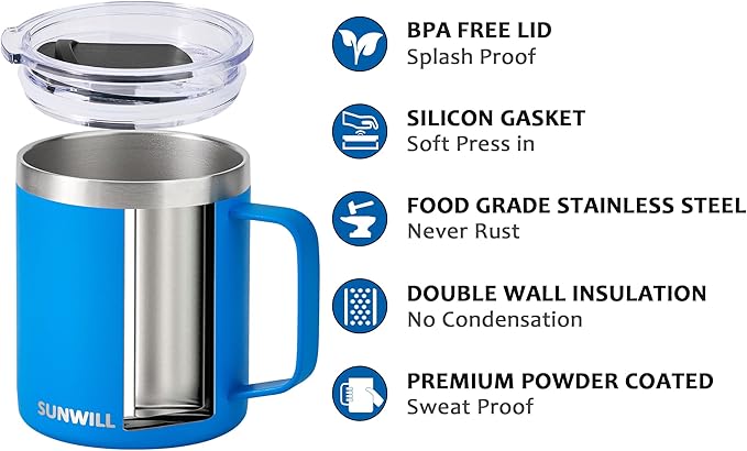 SUNWILL Insulated Coffee Mug with Lid, Travel Tumbler with Handle, 14 oz Stainless Steel Cup for Camping, Office, Home, Powder Coated Royal Blue