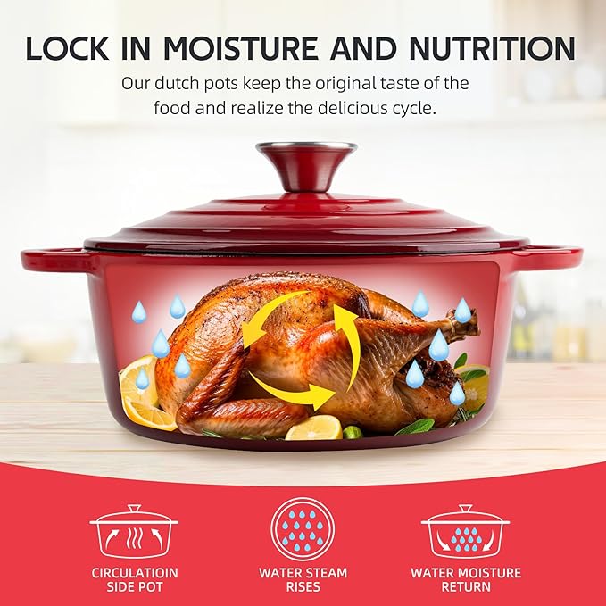 4.5 Quart Dutch Oven Enameled Cast Iron with Lid - Big Dual Handles - Oven Safe up to 500°F - Classic Round Pot for Versatile Cooking Red