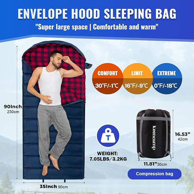 0 Degree Sleeping Bag Cotton Flannel Winter Cold Weather for Adults XXL Sleeping Bag 4 Season Big and Tall with Pillow Compression Sack