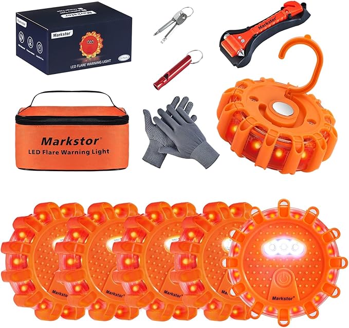 6-Pack LED Road Flare Car Emergency Kit,Magnetic Base & Hook Road Flares Safety Light With 9 Flashing Modes,Roadside Flares Emergency Lights For Vehicles (6 Pack Parts)