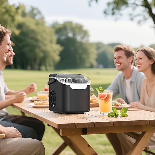 Ice Makers Countertop, 8pcs/ 6mins with 2 Sizes, Self-Cleaning, 26.5Lbs/Day Quiet Portable Mini Ice Machine with Basket/Scoop, Energy Saving for Home/Office/Kitchen/RV, Black